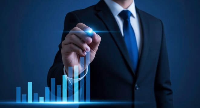 Businessman in suit interacting with digital graph on a blue background interface display - Powered by Adobe