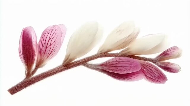 A delicate sprig of freesia blossoms in shades of pink and white elegance on white background
