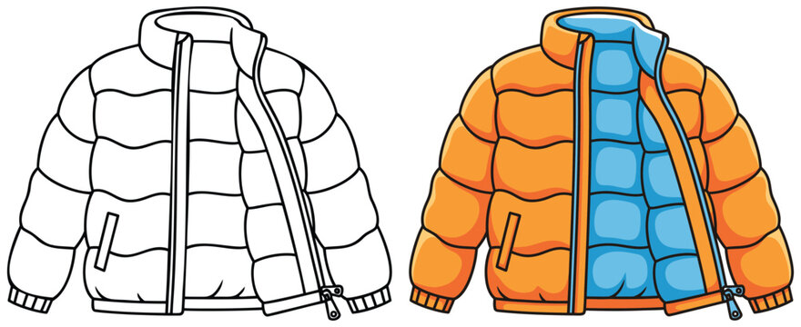 Puffer jacket vector illustration showing black and white outline and fully colored version of an open winter coat with bright orange outer shell and blue quilted interior in a flat cartoon style