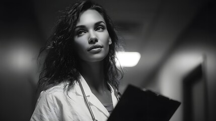 A focused doctor reviewing a patient s medical chart in a hospital corridor