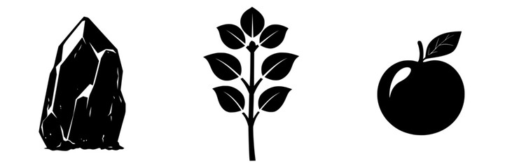 Black silhouettes of a rock, a plant, and an apple representing nature's elements and their interconnections