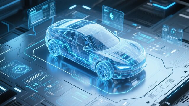 A futuristic holographic car design showcasing advanced digital interface and technology integration for modern transportation.