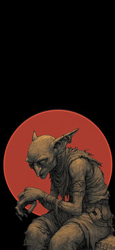 Striking and bold illustration in a vintage style, of a goblin, crouched, goblincore, phone background, vertical portrait tall  