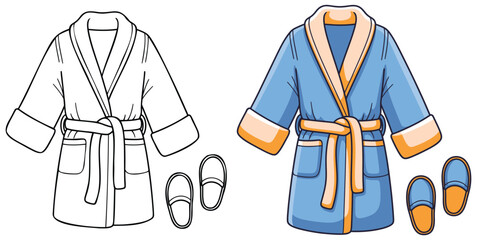 Bathrobe vector illustration showing black and white outline and fully colored version of soft robe with pockets and matching slippers in front view