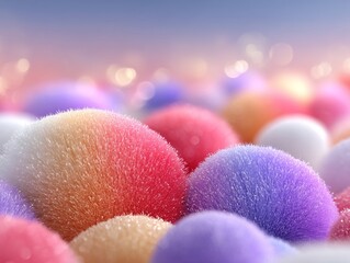Closeup of fluffy, colorful spheres with a soft bokeh background, evoking a sense of magic and celebration