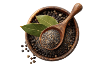 Wooden spoon with black peppercorns and bay leaves isolated on transparent background