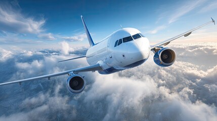 Obraz premium Commercial jetliner soaring through a vast expanse of fluffy clouds