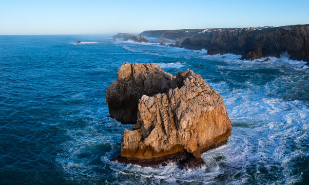 Aerial view from a drone of the Urro del Manzano mountain range in the Costa Quebrada Geopark. Liencres, Cantabrian Sea, Cantabria, Spain, Europe