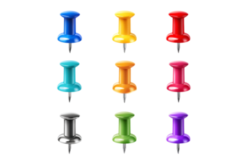 Collection of colorful push pins isolated on transparent background
