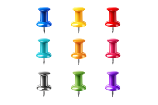 Collection of colorful push pins isolated on transparent background