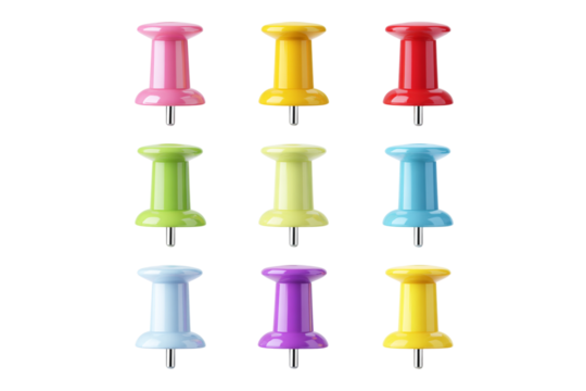 Collection of colorful push pins isolated on transparent background