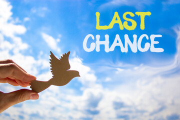 Last chance symbol. Concept word Last chance on beautiful blue sky. Businessman's hand with wooden bird. Beautiful blue sky and cloud background. Business last chance concept. Copy space.