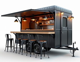 Retro trailer food truck with open serving window, bar stools. Vintage hot dog stand features rustic interior, exterior. Mobile eatery business ready for street catering service at markets or events.