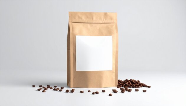 Brown paper bag, envelope, and white card with scattered coffee beans on light gray background, evoking coffee packaging theme.