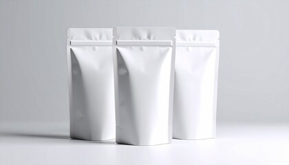 Three white resealable stand-up pouches with zipper closures on light gray background, smooth surface, versatile packaging.