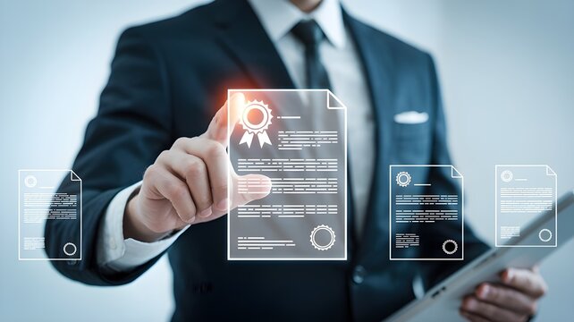 Businessman reviewing digital certification document with glowing interface
