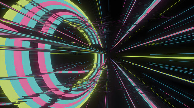 Glitch effect creating retro tunnel with colorful neon lights