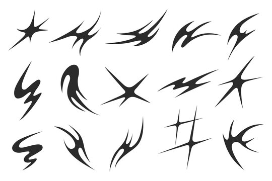 Set of black Y2K style abstract graphic elements with sharp edges