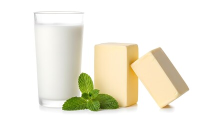 Glass of milk with butter sticks and fresh mint leaves on white background