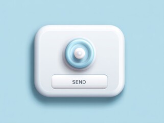 Fototapeta premium A minimalist, rounded-square button with a light blue, circular, three-dimensional element and the word 