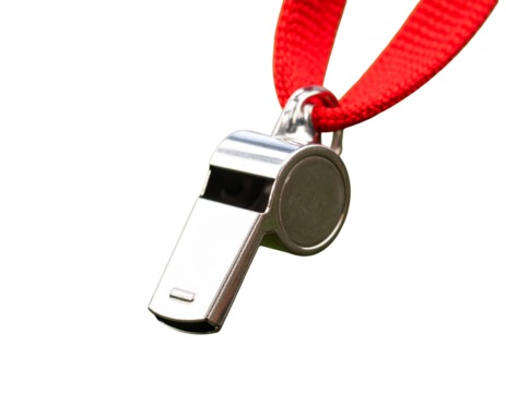  Silver Whistle with Red Lanyard Hanging Down in Loose Loop Side Profile View Isolated on Transparent Background PNG