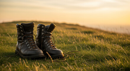 Worn hiking boots resting on grass at sunset, capturing adventure and tranquility.