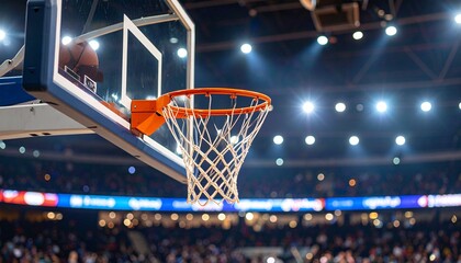 Basketball going through hoop with blurred indoor arena and spectators in background