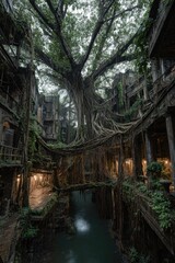 Enormous Banyan Tree Overgrowing Abandoned Buildings with River in Gouqi Island, China
