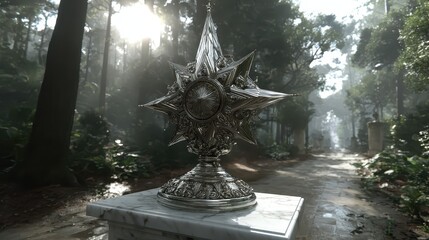 Ornate Silver Star Sculpture on Marble Base in Quiet Forest Path