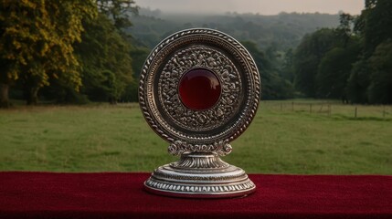 Ornate Silver Medallion with Red Stone on Velvet in Natural Setting