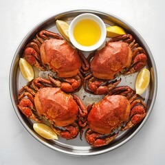 Image of Delicious cooked crabs with lemon and butter sauce on a metal tray printed on Printed Glass Basin Splashbacks