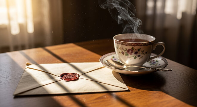 Steaming cup of tea next to a sealed letter on a wooden table, evoking a sense of paused emotions