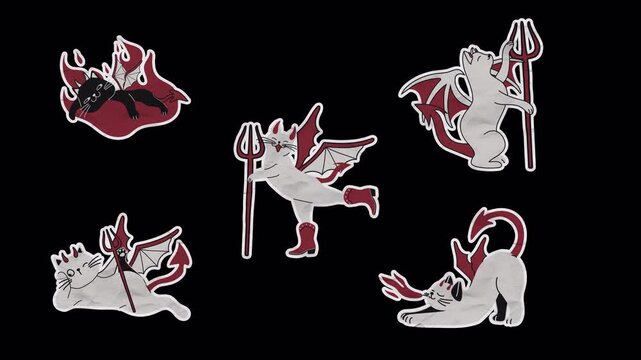 Unfolded paper stickers of Cartoon devil cats with horns wings tails and pitchforks with alpha transparency