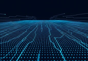 Abstract digital network of glowing blue lights and circuits receding into a dark futuristic technological landscape