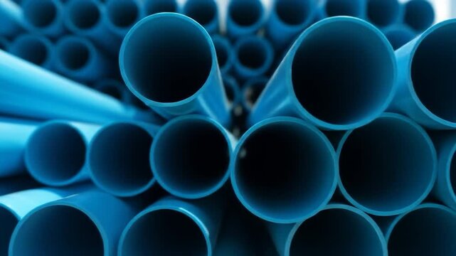 Stack of blue plastic pipes cylindrical industrial material for plumbing construction