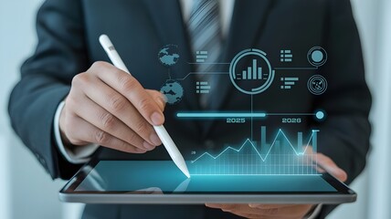 Businessman analyzing financial data on a futuristic digital tablet with holographic charts