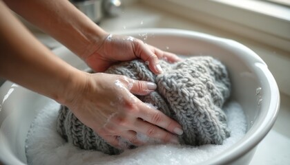Hands gently wash gray knit sweater in basin filled with soapy water. Bubbles, suds indicate cleaning process. Manual laundry care for wool woolen garments, emphasizing fabric upkeep, domestic