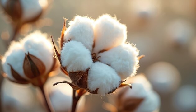 Macro shot of fluffy white cotton boll, a natural plant fiber crop grown for textiles and clothing. Soft pure material, organic sustainable harvest for fabric production, industry.