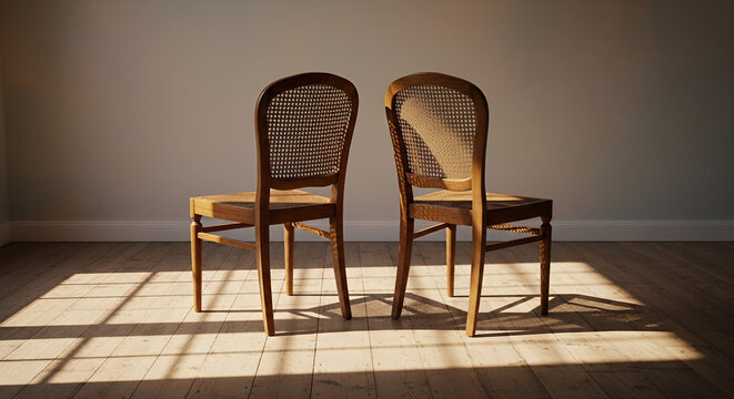 Two wooden chairs facing away from each other in a quiet room, representing loneliness and fear of intimacy