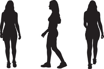 vector, silhouette of front,side and back view of a teenage girl walking dressed and summer clothes