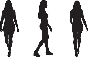 vector, silhouette of a front, side and back view of same teen girl with short dress walking