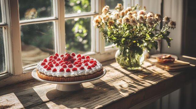 Raspberry Tart on a Wooden Table with Flowers in Natural Light
