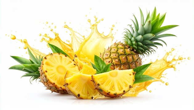 Whole pineapple with slices, juice splashes, and green leaves in vibrant arrangement