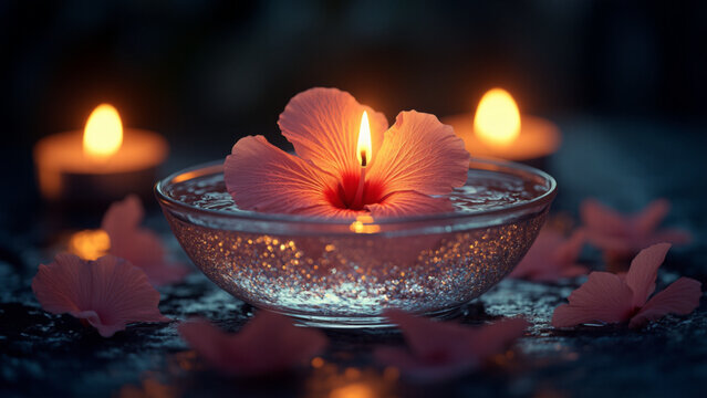A floating hibiscus flower candle in a glass bowl with shimmering water, surrounded by soft candlelight and petals, creating a warm, romantic, and tranquil atmosphere