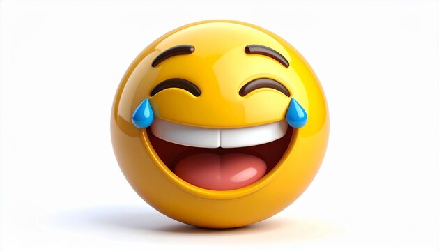 Yellow "Face with Tears of Joy" emoji with wide smile, raised eyebrows, and streaming tears