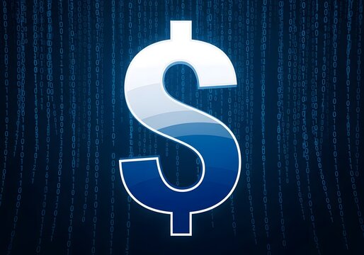 Digital dollar symbol illuminated against a dark blue binary code background representing financial technology