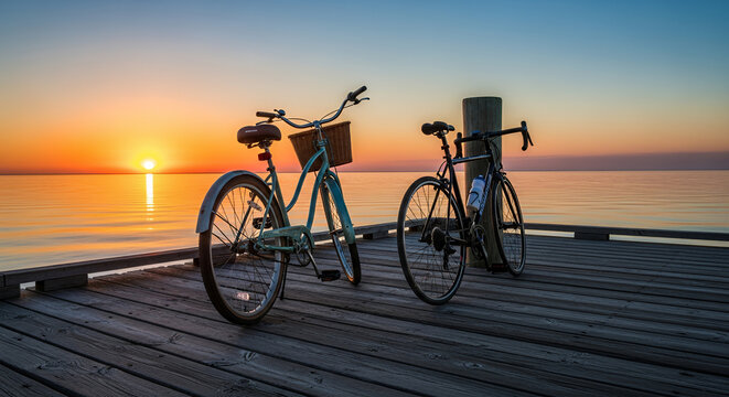 Two bicycles parked by the water at sunset, symbolizing friendship and shared adventures