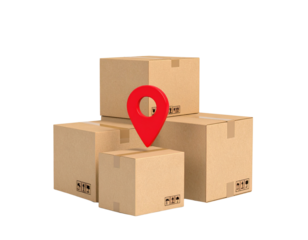 Stack of Cardboard Boxes with Floating Red Location Pin Above, Minimalist Composition, Isolated on Transparent Background PNG