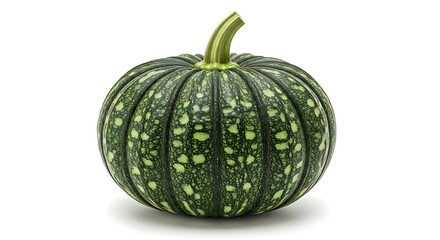 A whole green kabocha squash with white speckles and a stem