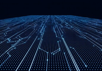 Abstract digital network of glowing blue lines and circuits on a dark background representing data flow and technology